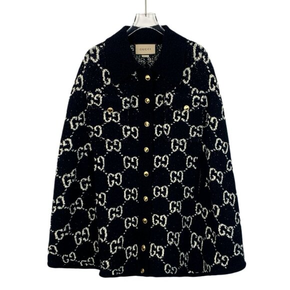 Gucci Womens Button-Up Wool & Cotton Blend Monogram Cape Jacket XXS Black & Whit - Picture 1 of 6